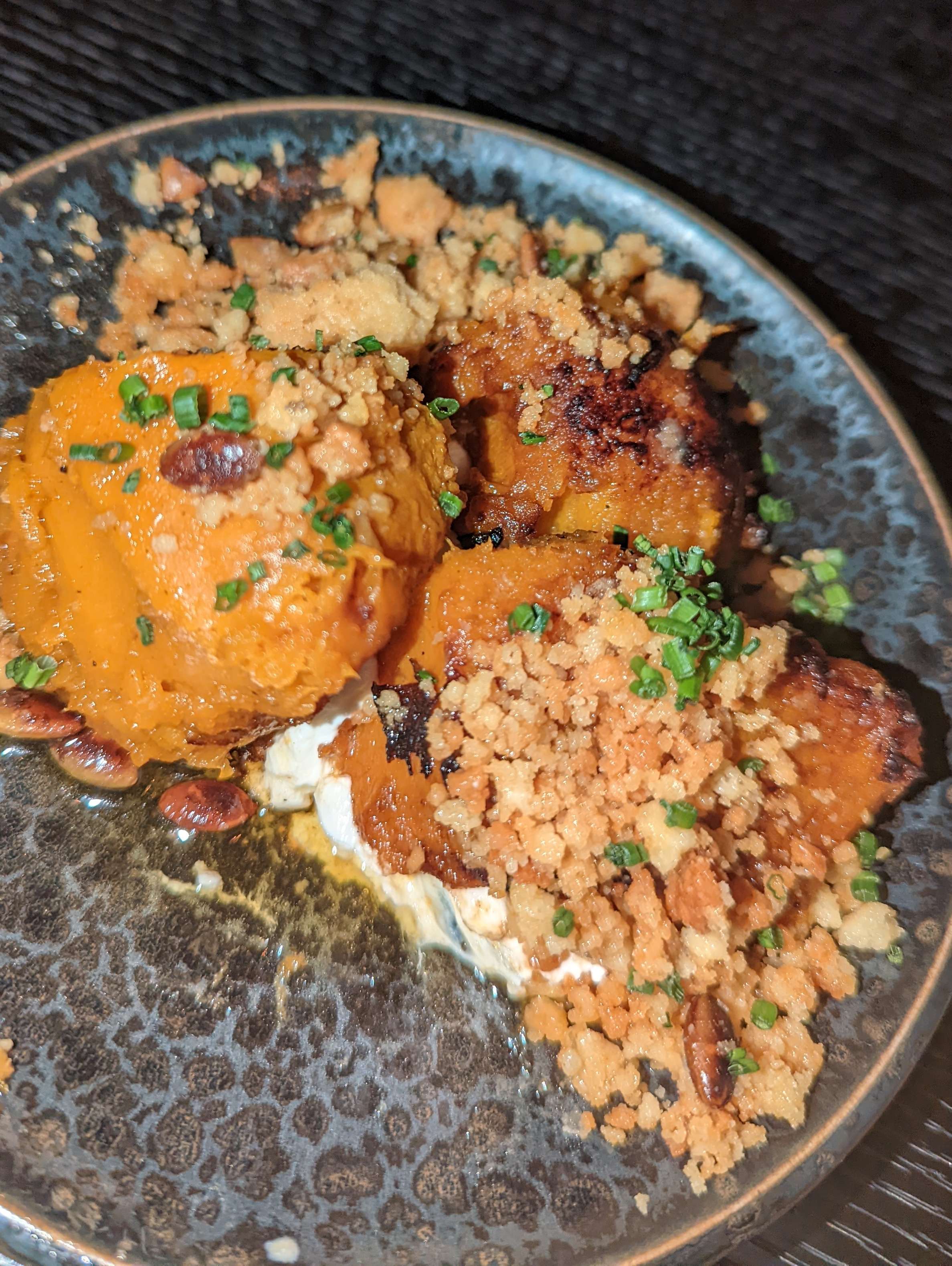 A delicious plate of soft, creamy sweet potato and a complementary range of toppings. Taken during an evening at Nineteen at The Star.